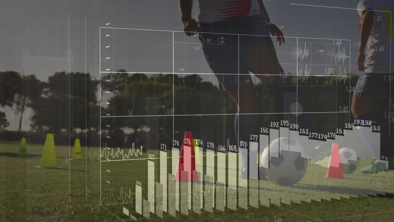 Practicing soccer on grassy field, player using animation for data visualization