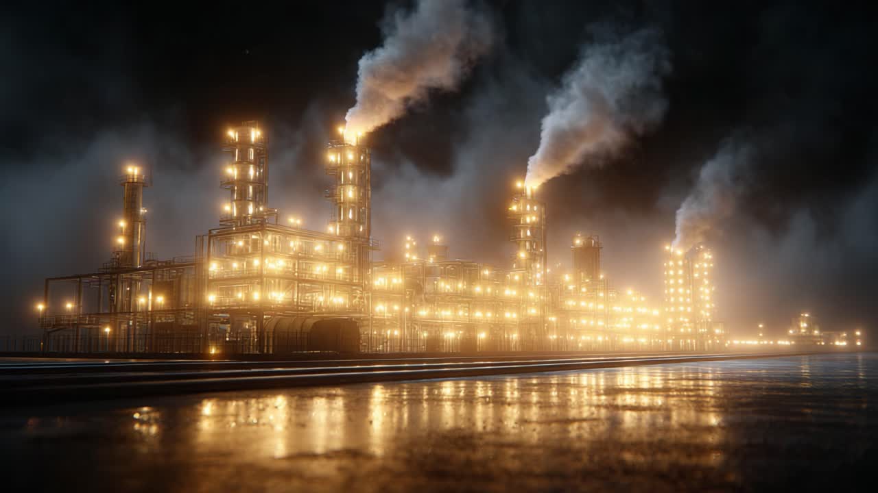 A Mesmerizing View of an Illuminated Industrial Complex at Night with Billowing Smoke and Reflective Surfaces, Showcasing the Power of Modern Manufacturing