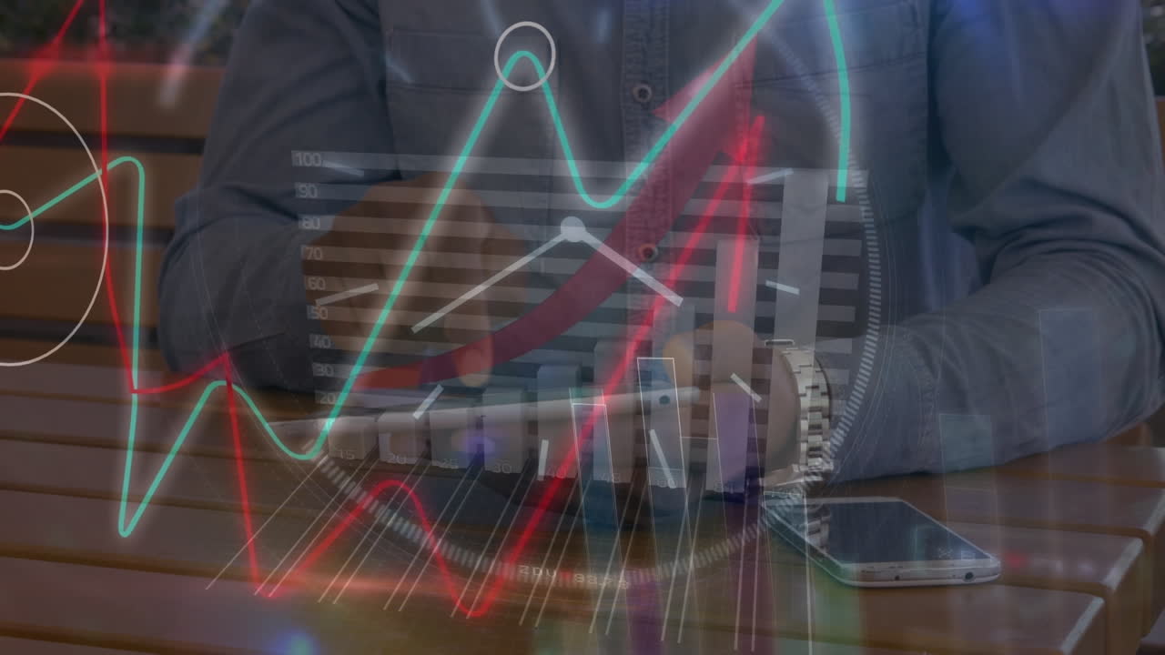 animación de datos financieros y gráficos que mueven las manos de un hombre biracial usando una tableta