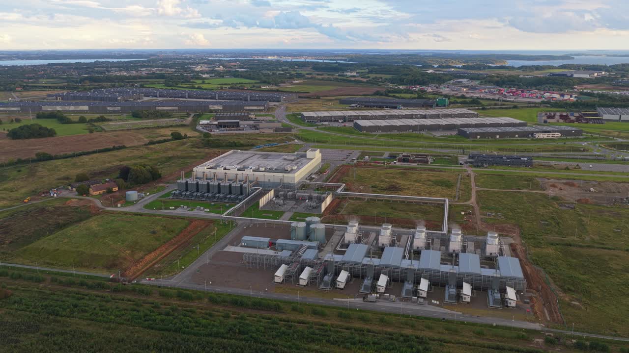Drone shot of modern data center powering internet and AI, Denmark
