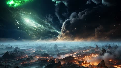 dramatic alien landscape with fiery terrain and glowing cosmic reflections