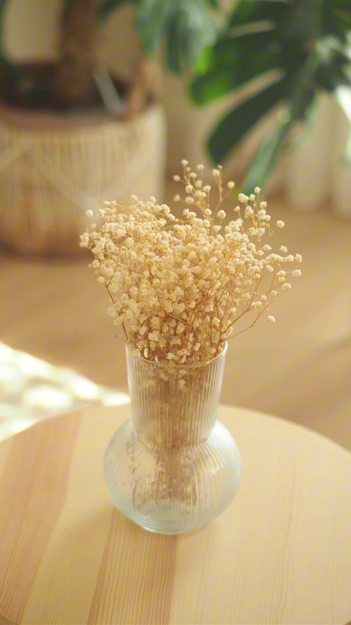 Gros plan d'une main ajustant des fleurs de gypsophile séchées dans un vase