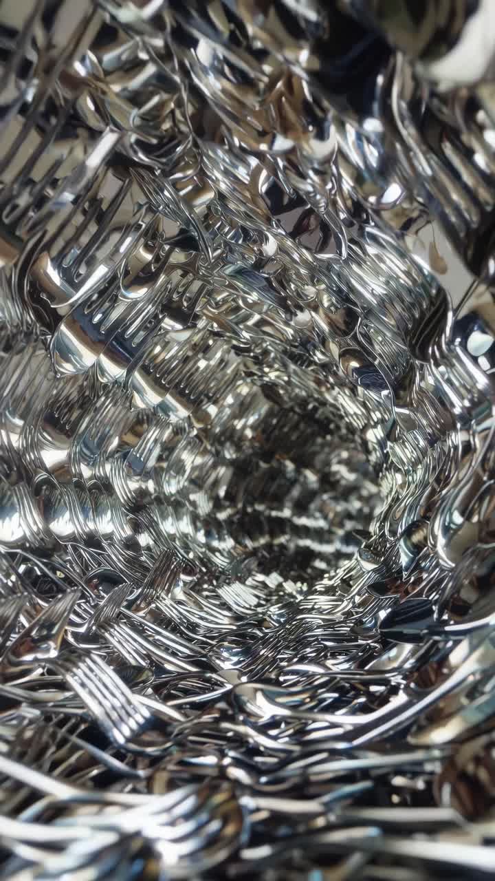 Reflective metallic tunnel formed by intertwined spoons creating a mesmerizing visual flow