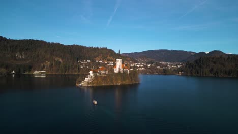 Picturesque-Aerial-View-of-Lake-Bled,-Slovenia-on-Beautiful-Day