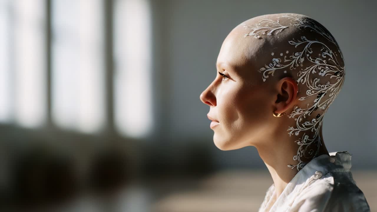 A Serene Reflection: A Woman with Intricate Floral Patterns on Her Bald Head Gazes Thoughtfully into the Distance, Capturing a Moment of Inner Peace and Beauty in Soft Lighting