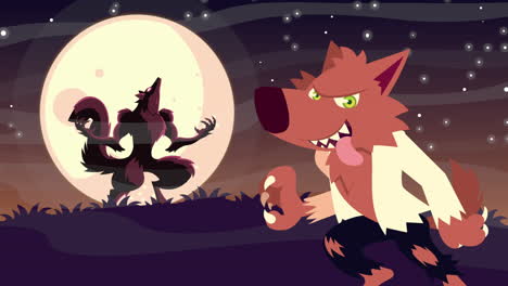 cute cartoon werewolf under the moonlight