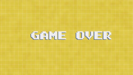 retro looping 2d 8 bit pixelated game over sign on a yellow background with pixelated 8 bit game characters