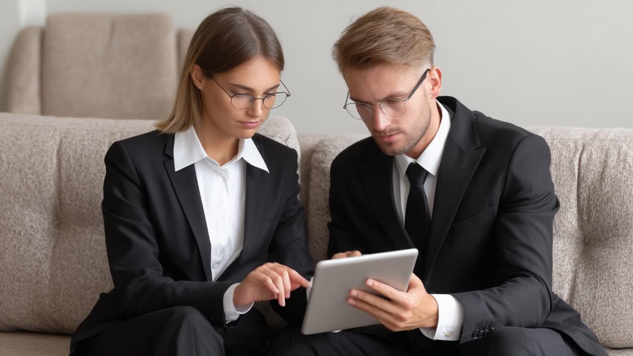 Partner commerciali professionisti impegnati in una discussione collaborativa su un tablet digitale, che mostra le moderne dinamiche del luogo di lavoro e il lavoro di team