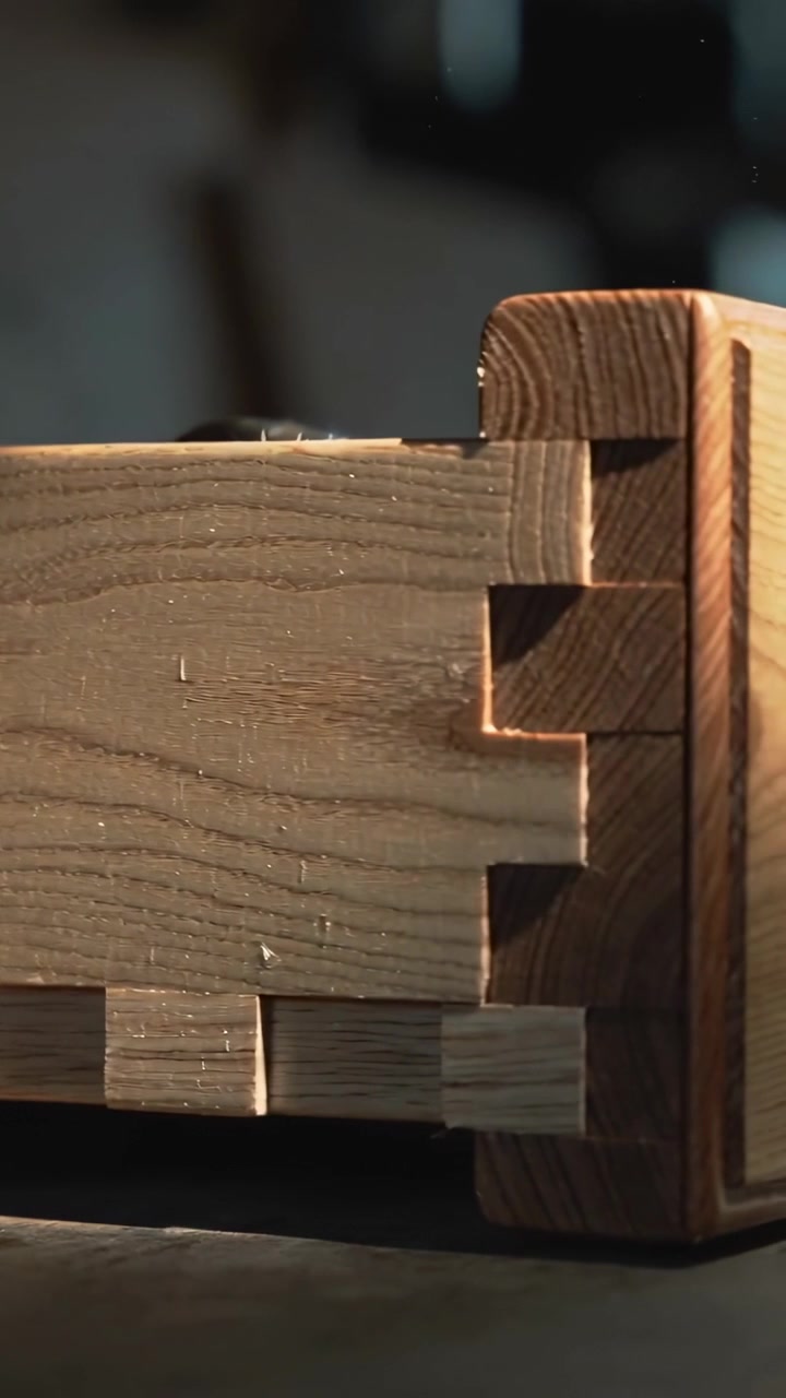 Vertical video: Panning camera revealing dovetail joint on workbench, highlighting grain and dust