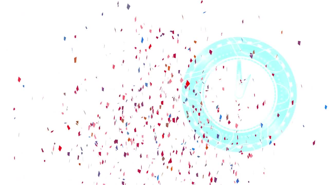 Animation of colorful confetti falling over clock on white background