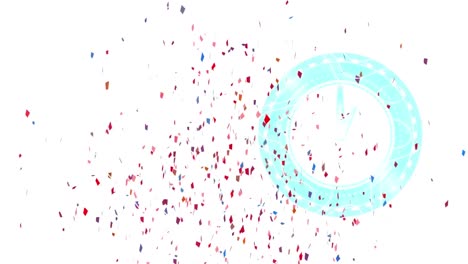 animation of colorful confetti falling over clock on white background
