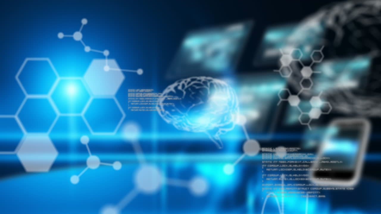 컴퓨터 화면에서 인간의 뇌와 의료 데이터 처리의 애니메이션