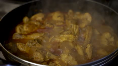 close up view of bubbling simmering chicken curry in pot with steam rising