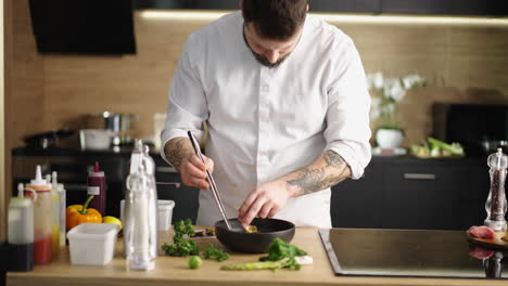 chef preparing a gourmet meal in a professional kitchen