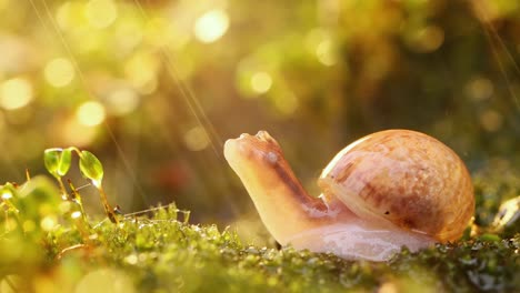 Close-up-wildlife-of-a-snail-in-heavy-rain-in-the-sunset-sunlight.