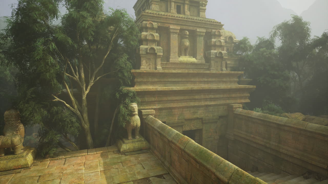 Ancient temple ruins in lush jungle landscape during daytime exploration