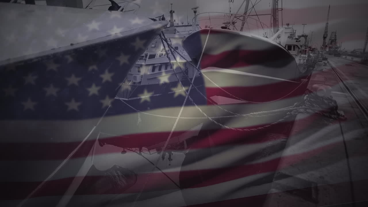 animación de barcos y bandera estadounidense ondeando
