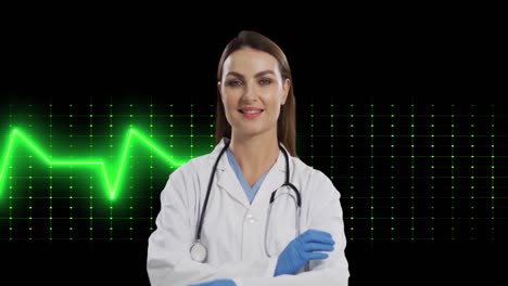 Animation-of-life-line-over-female-caucasian-doctor-on-black-background