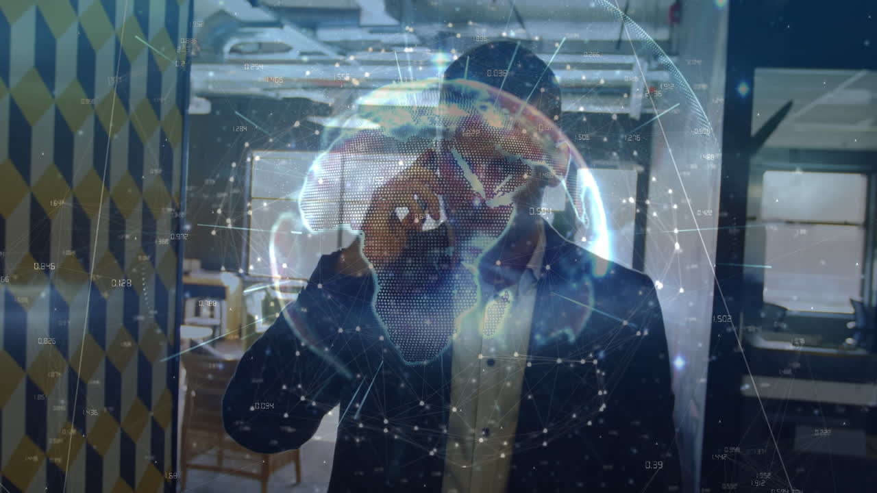 스마트 폰을 사용하는 코카서스 사업가들에 대한 연결 및 전 세계 애니메이션