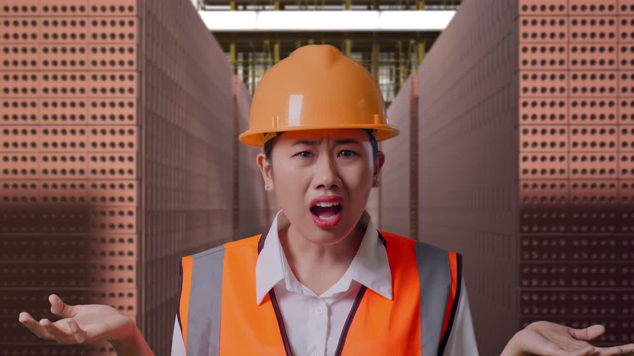 Close Up Of Wondering Asian Female Engineer With Safety Helmet Saying Why Working Doubtfully With Red Brick Packed in Stacks Are Stored