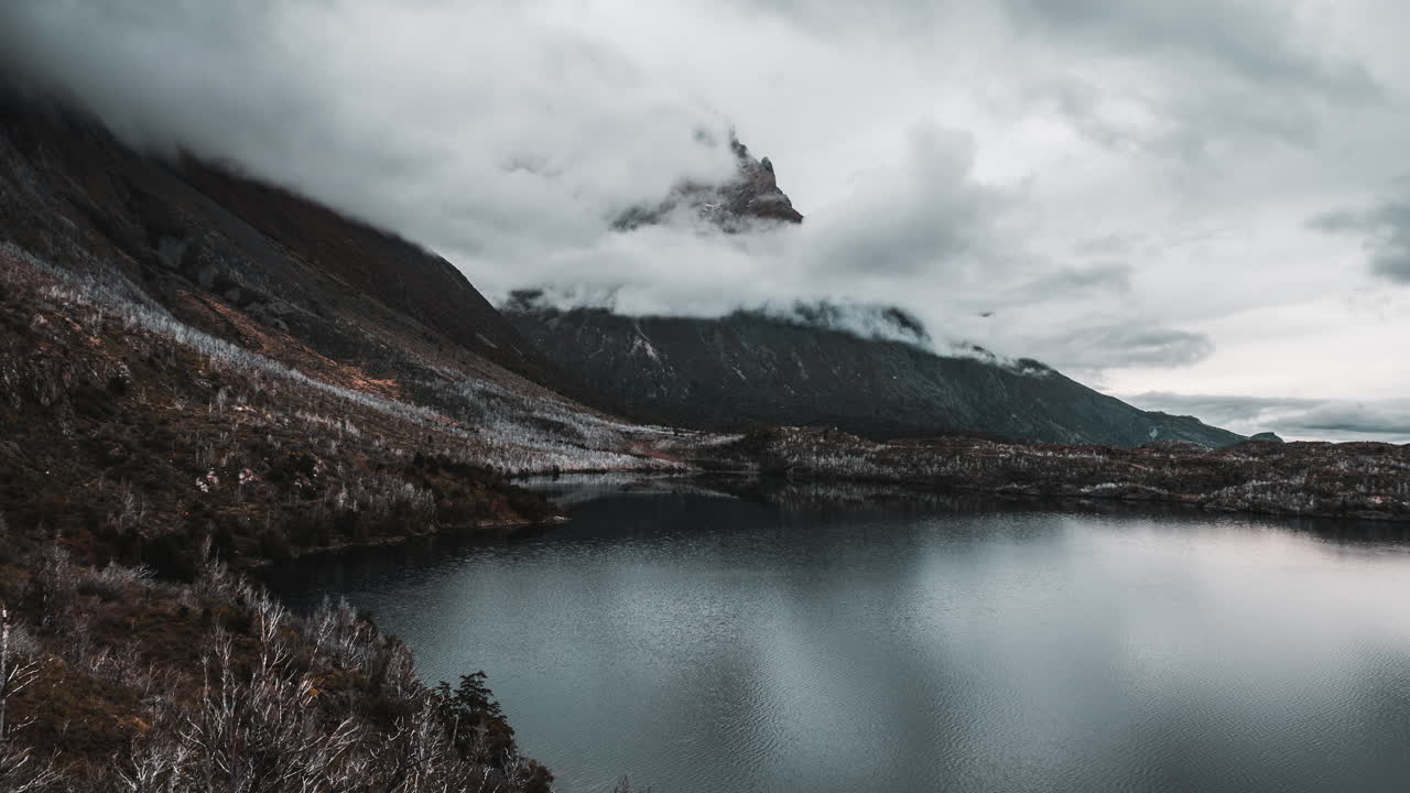 Time lapse of clouds rolling through the mountain wilderness landscape of Patagonia, Chile