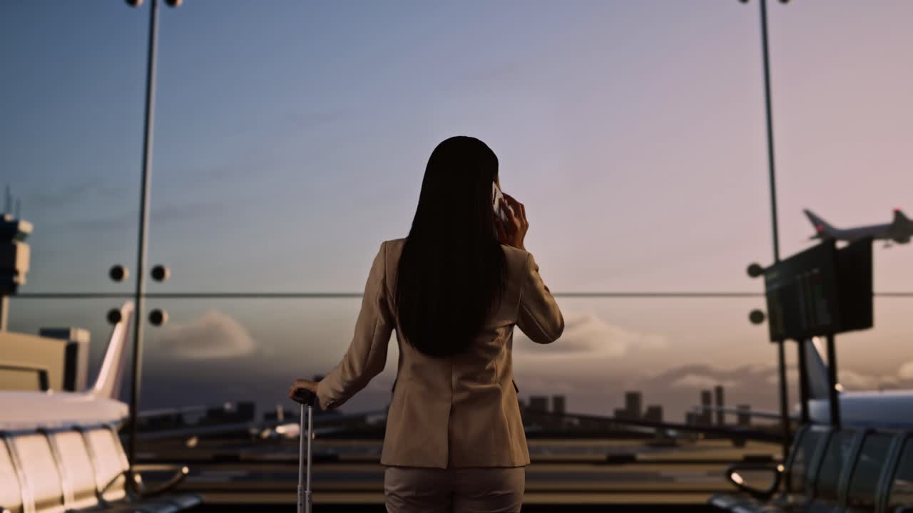 비행기를 기다리는 동안 공항의 탑승 라운지에서 굴러가는 가방을 가진 아시아 사업가 여성의 뒷면, 비행기를 기다리면서 스마트폰으로 걸어서 이야기하고, 비행기가 창밖에서 이륙합니다.