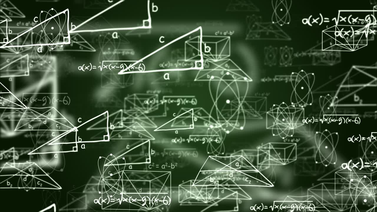 4k loop animation of white mathematical formulae and geometric drawings on blackboard education