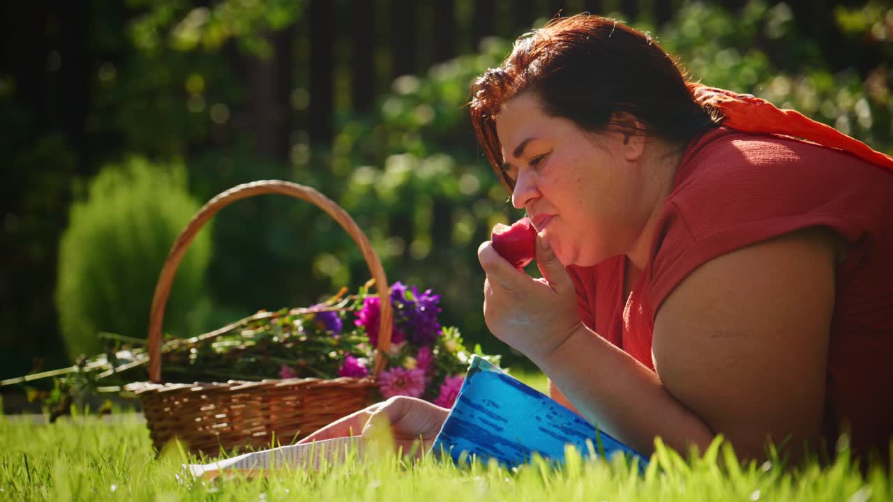 Eine Frau entspannt in einem üppigen Garten, genießt einen Apfel und liest ein Buch, umgeben von bunten Blumen und einem gewebten Korb im warmen Sonnenlicht