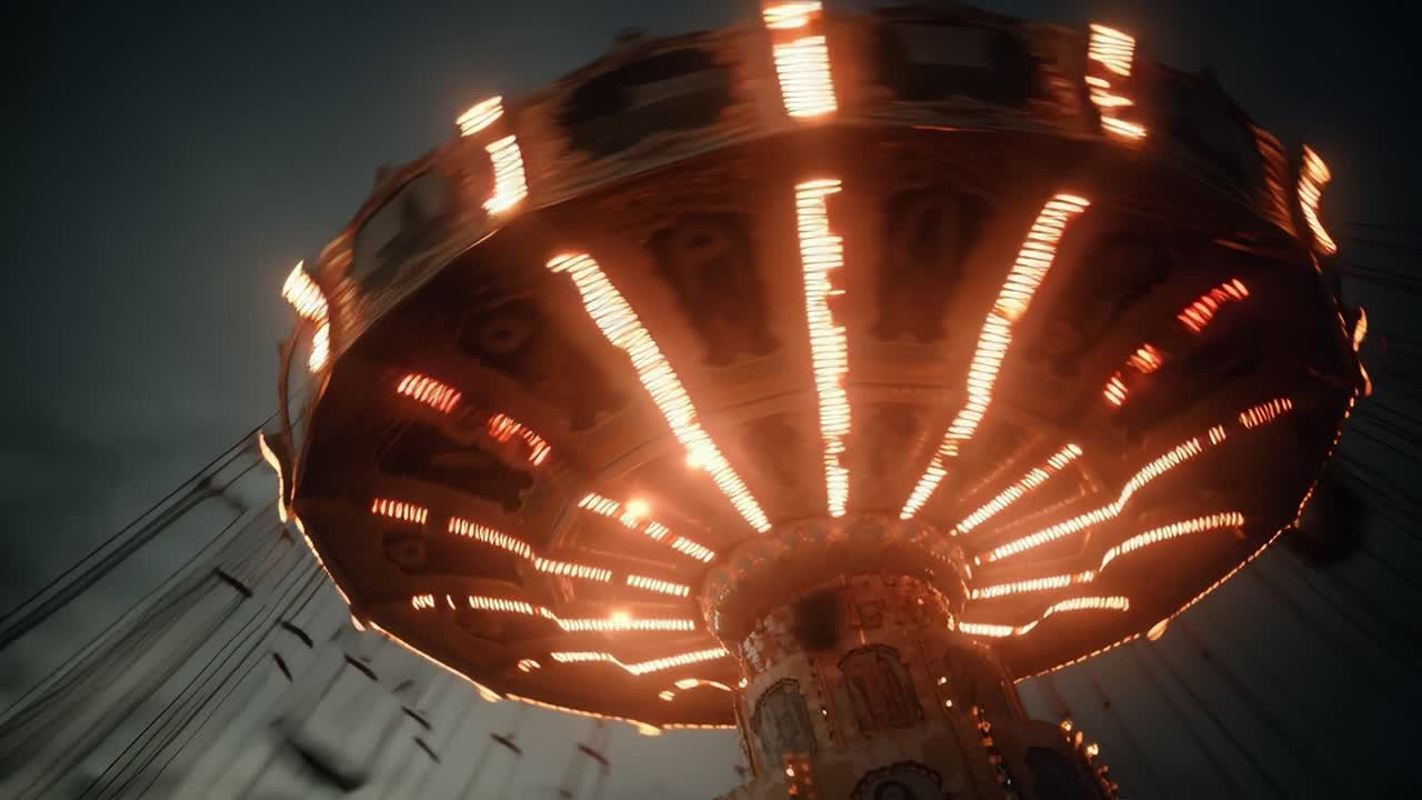 An Enchanting Evening Ride on a Thrilling Swing Carousel, Surrounded by Dazzling Lights and a Magical Atmosphere, Capturing Joy and Excitement in Every Moment