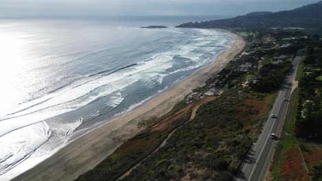 aerial-view-over-beach,-Valparaíso-region,-country-of-Chile