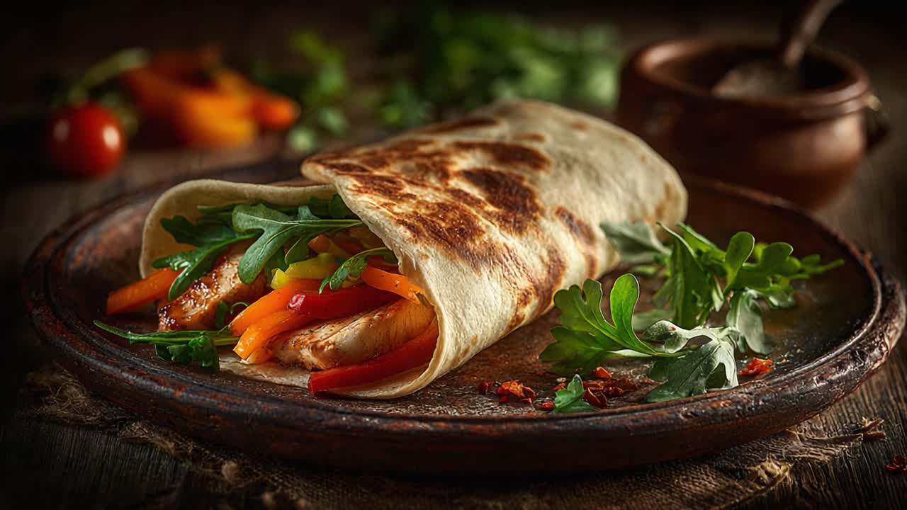 Delicious Chicken Wrap with Colorful Bell Peppers and Fresh Arugula on Rustic Plate, Highlighting the Flavorful Ingredients and Textures in an Inviting Setting