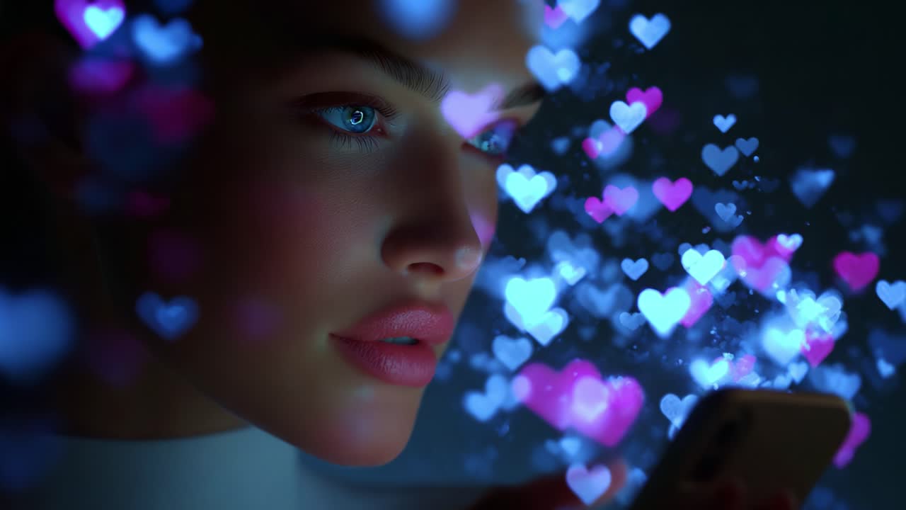 A Close-Up of a Young Woman Engrossed in Her Phone, Surrounded by an Enchanting Display of Colorful Heart Graphics, Representing Digital Connection and Emotions in a Modern World