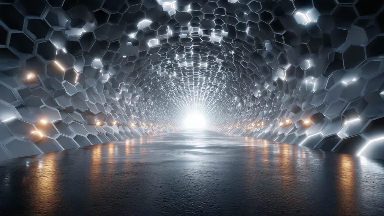 A Stunning Visual of a Tunnel with Hexagonal Patterns Illuminated by Bright Light at the End, Creating a Captivating Sense of Depth and Perspective