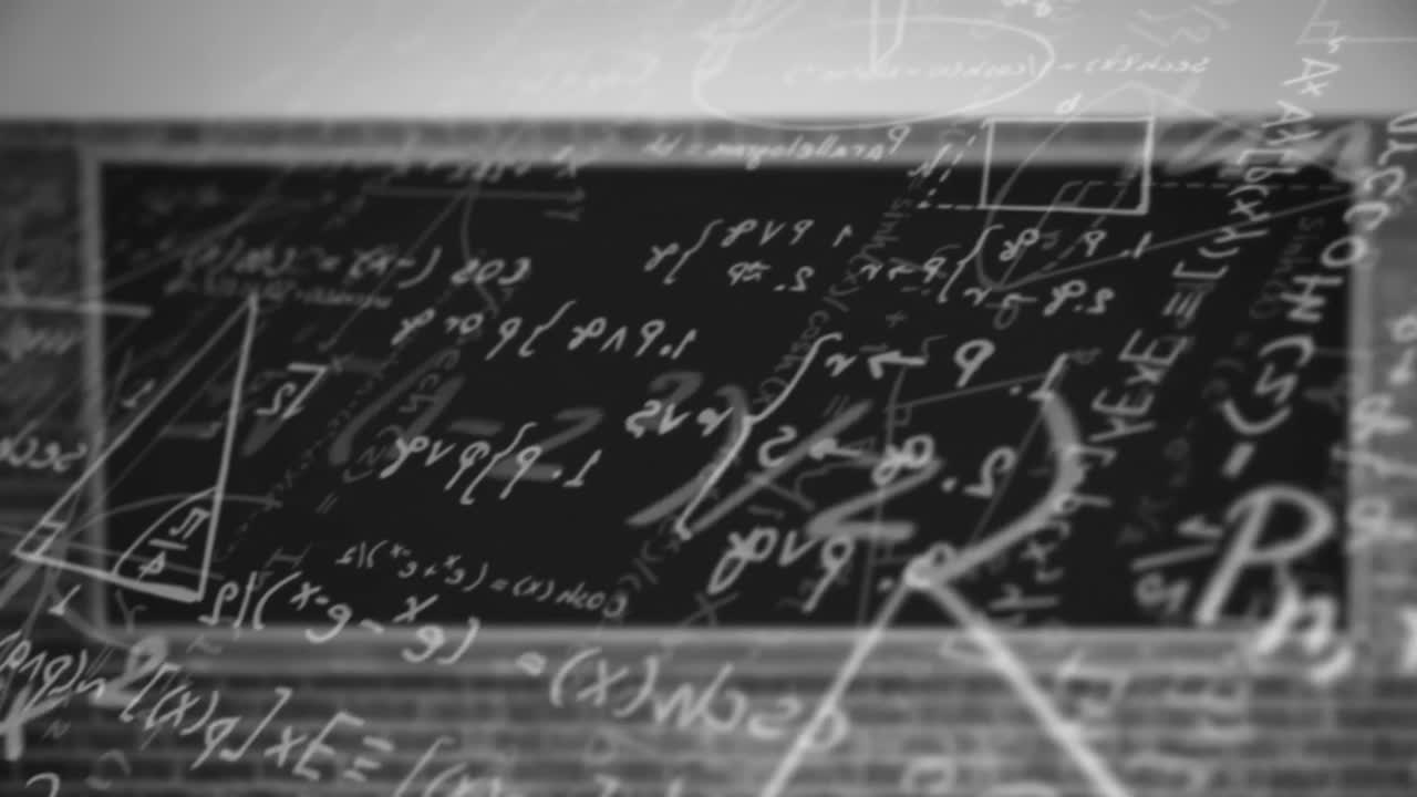 검은 바탕에 떠다니는 수학 방정식과 다이어그램의 디지털 애니메이션