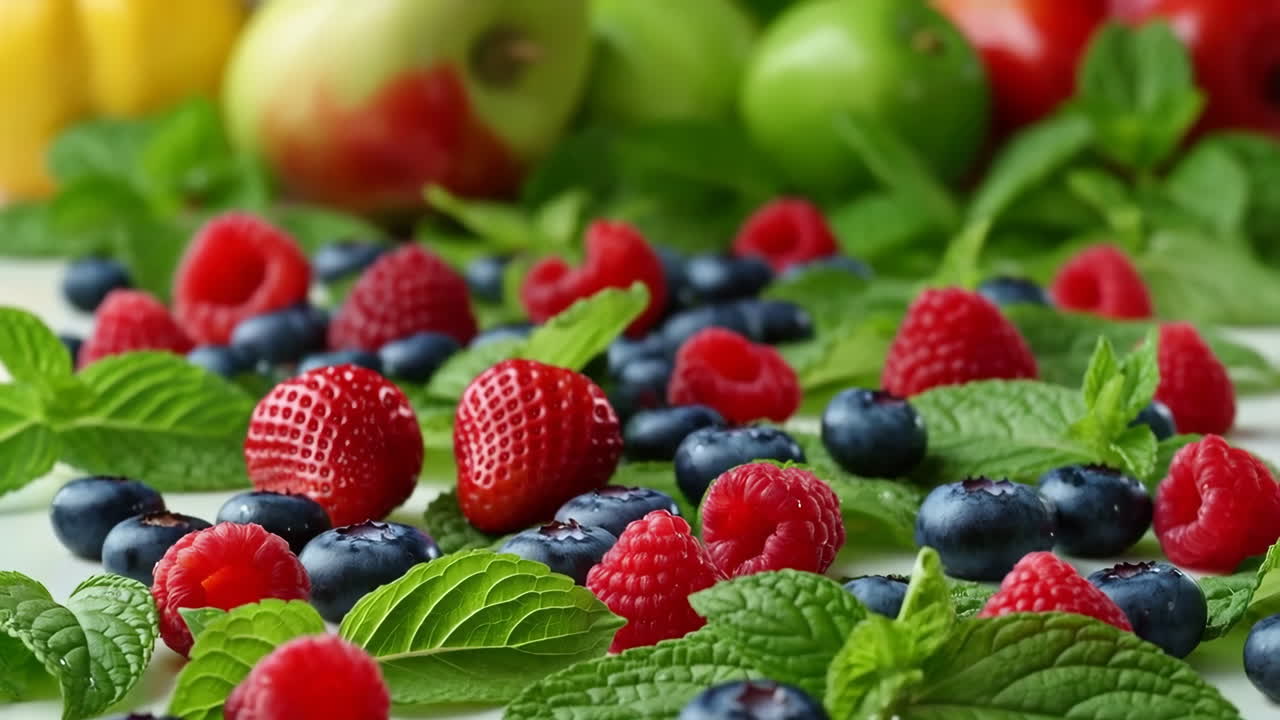 Fresh Mixed Berries With Mint Leaves, Closeup Of Raspberries And Blueberries Scattered With Green Apples
