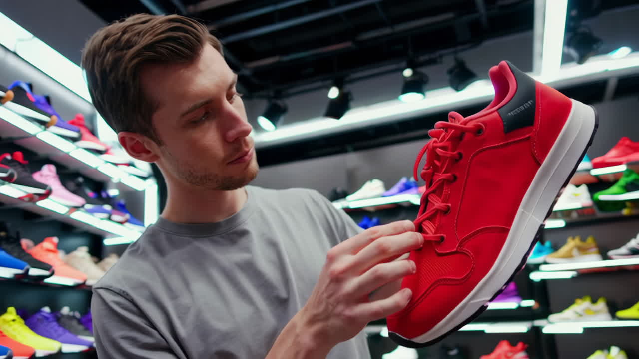 Uomo che esamina una sneaker rossa in un negozio di scarpe
