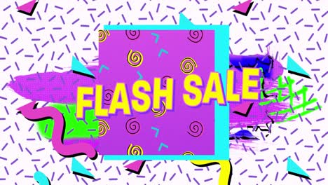 Animation-of-flash-sale-text-in-yellow-letters-over-brightly-coloured-retro-pattern