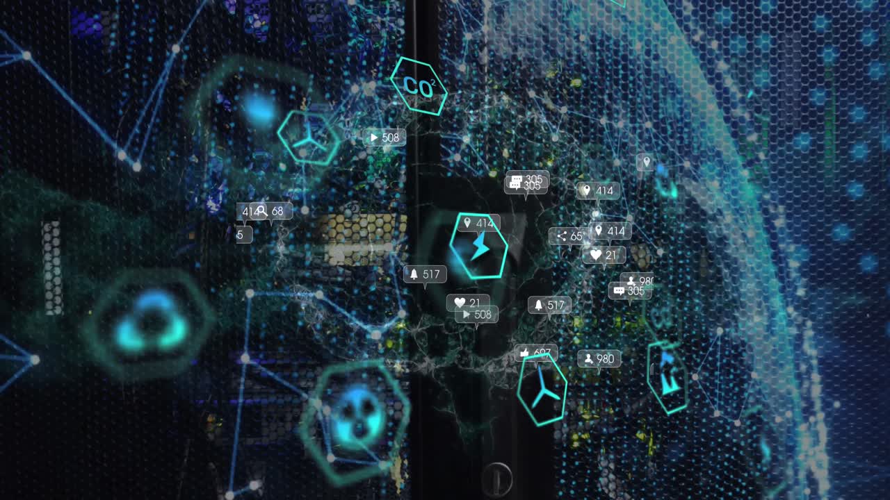 animación de iconos que caen sobre el fondo oscuro del globo