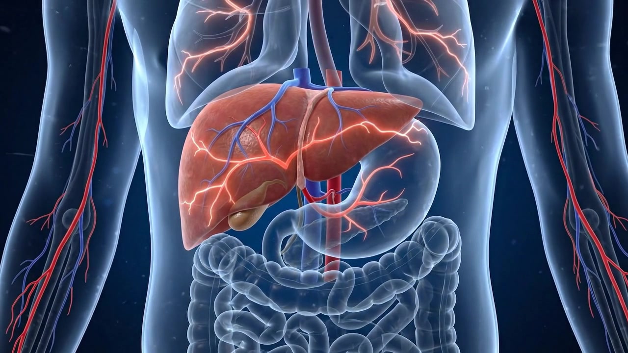 Medical 3D view of human liver showing liver visible through a translucent torso from the side for anatomy and healthcare education