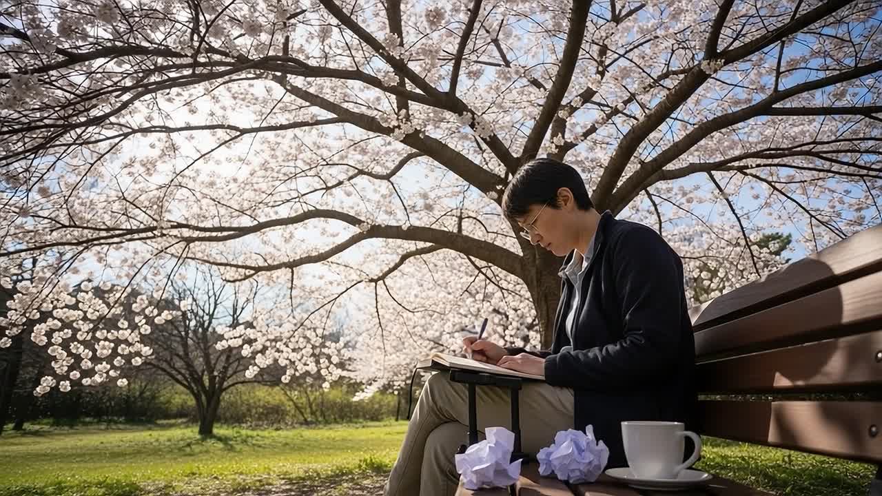 A Solitary Writer Finds Inspiration Under the Blossoming Cherry Tree, Capturing Thoughts and Dreams on Paper Amidst Nature's Breathtaking Beauty