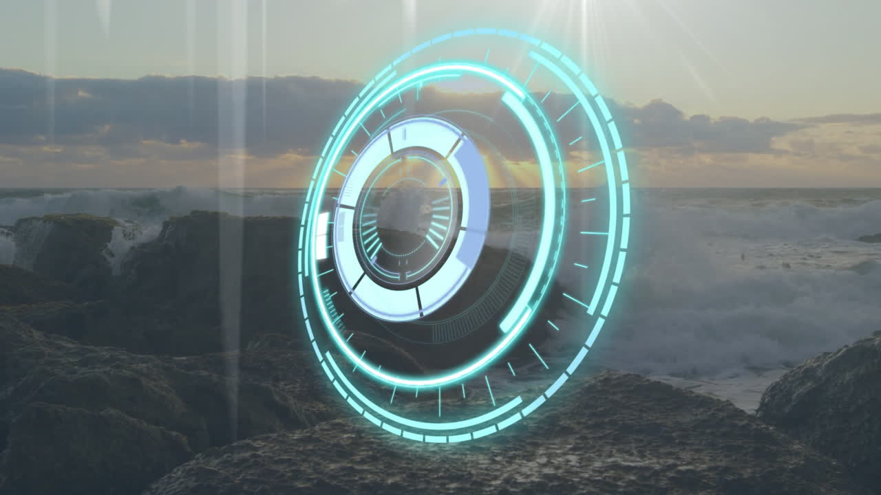 Futuristic digital interface animation over rocky ocean shoreline at sunset