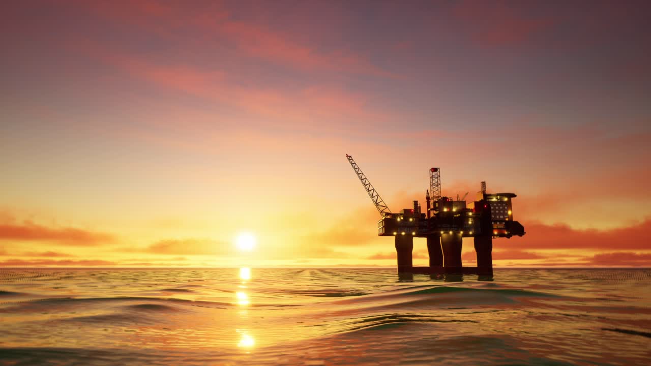 Offshore olieplatform ved solnedgang