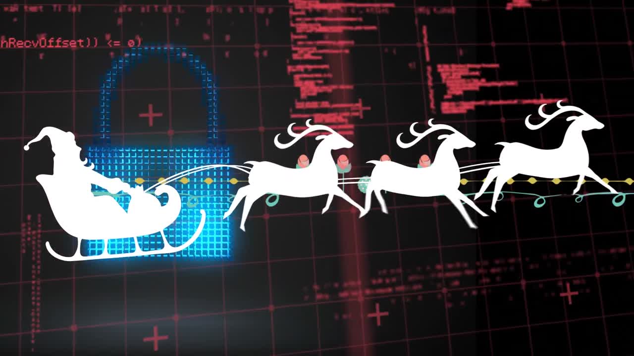 Animation of santa claus in sleigh over data processing and padlock