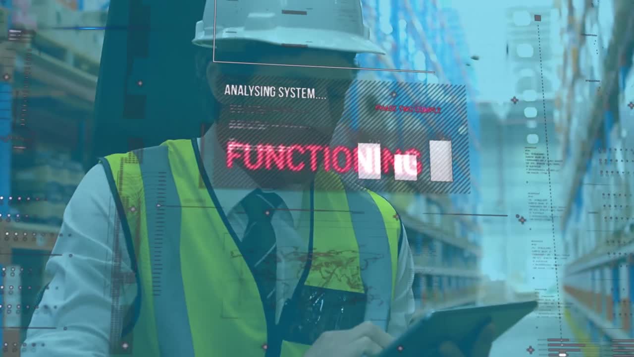 창고에서 디지털 태블릿을 사용하여 백인 남성 감독자에 대한 데이터 처리