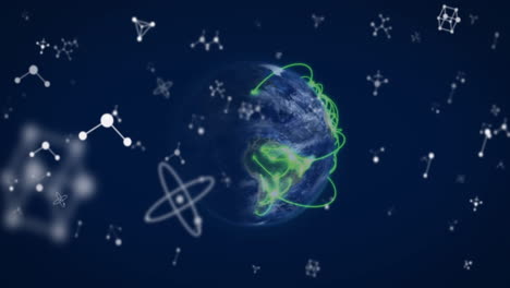 animation of molecules and data processing over globe with connections