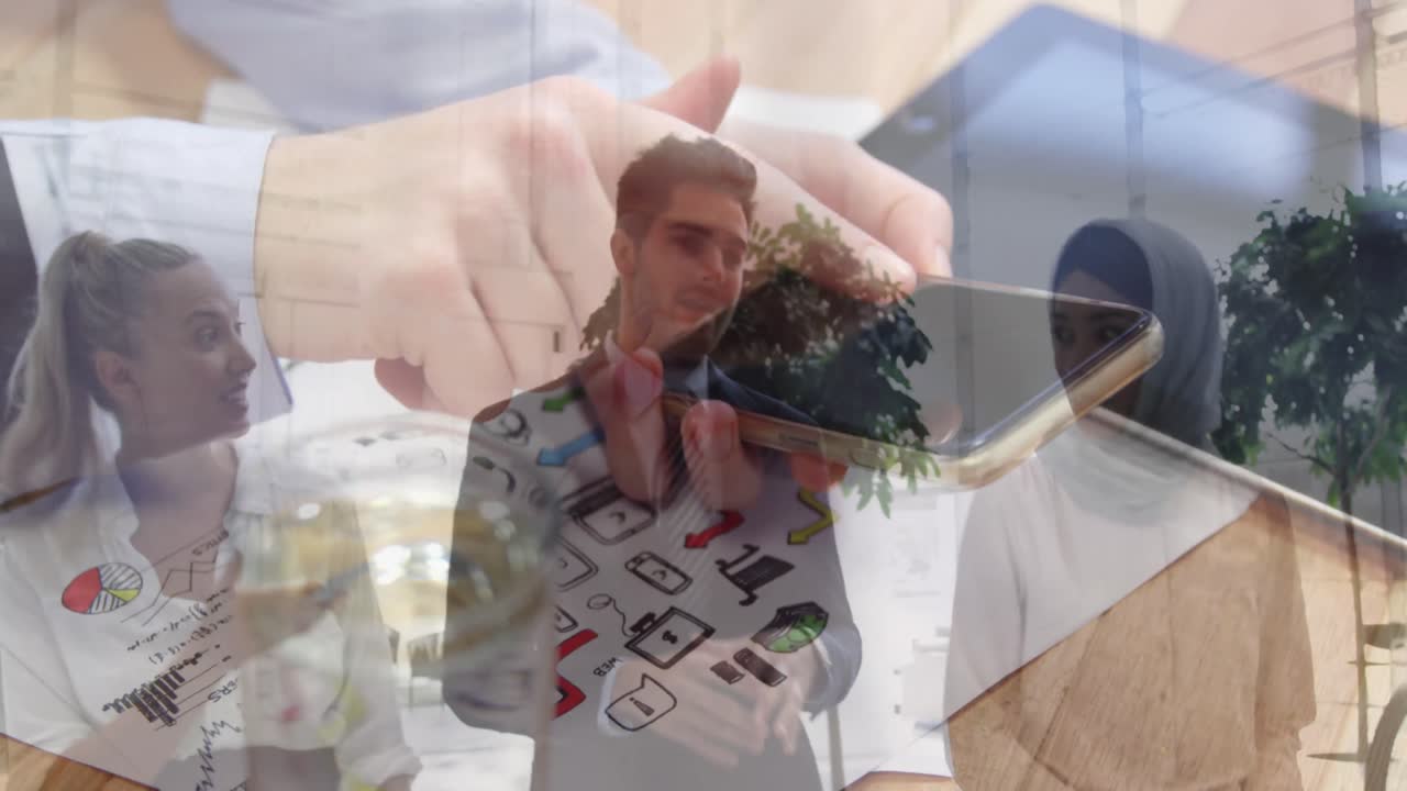 animación de diversas personas de negocios caminando y manos usando teléfonos inteligentes.