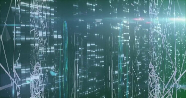 Animation of network of connections and moving columns over black background