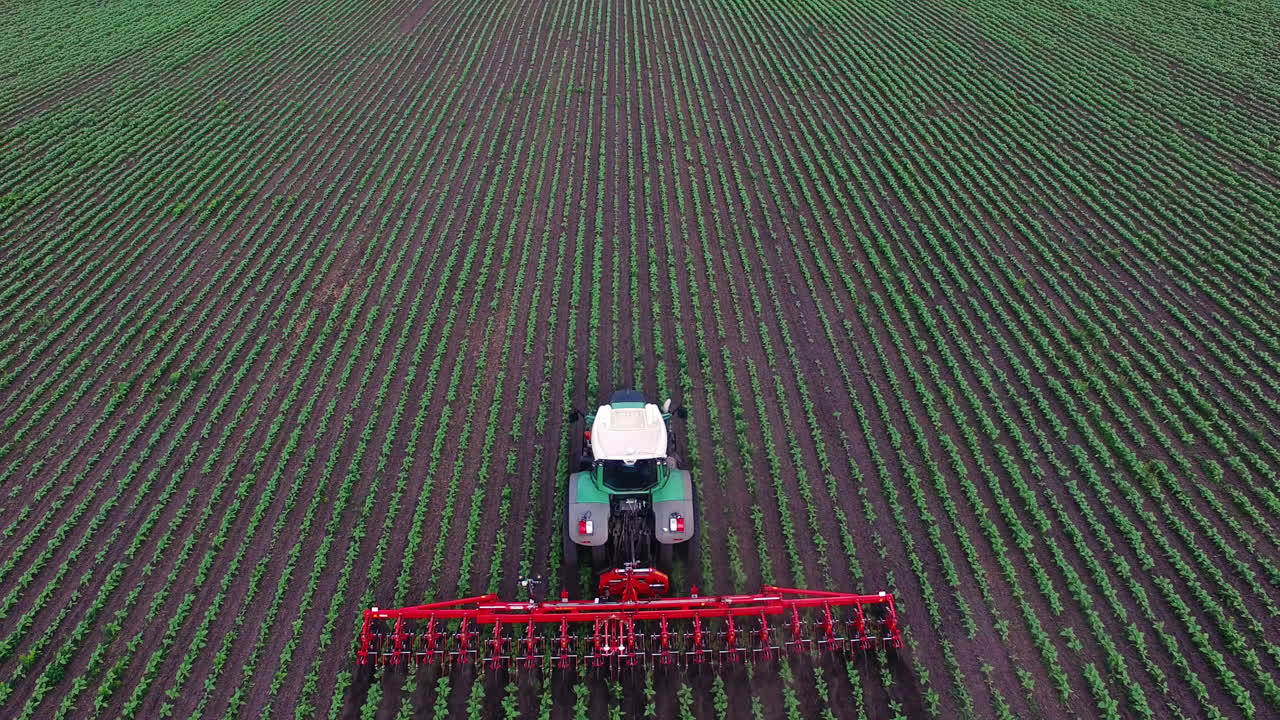 tractor tira del mecanismo agrícola de campo para desmalezar plantas