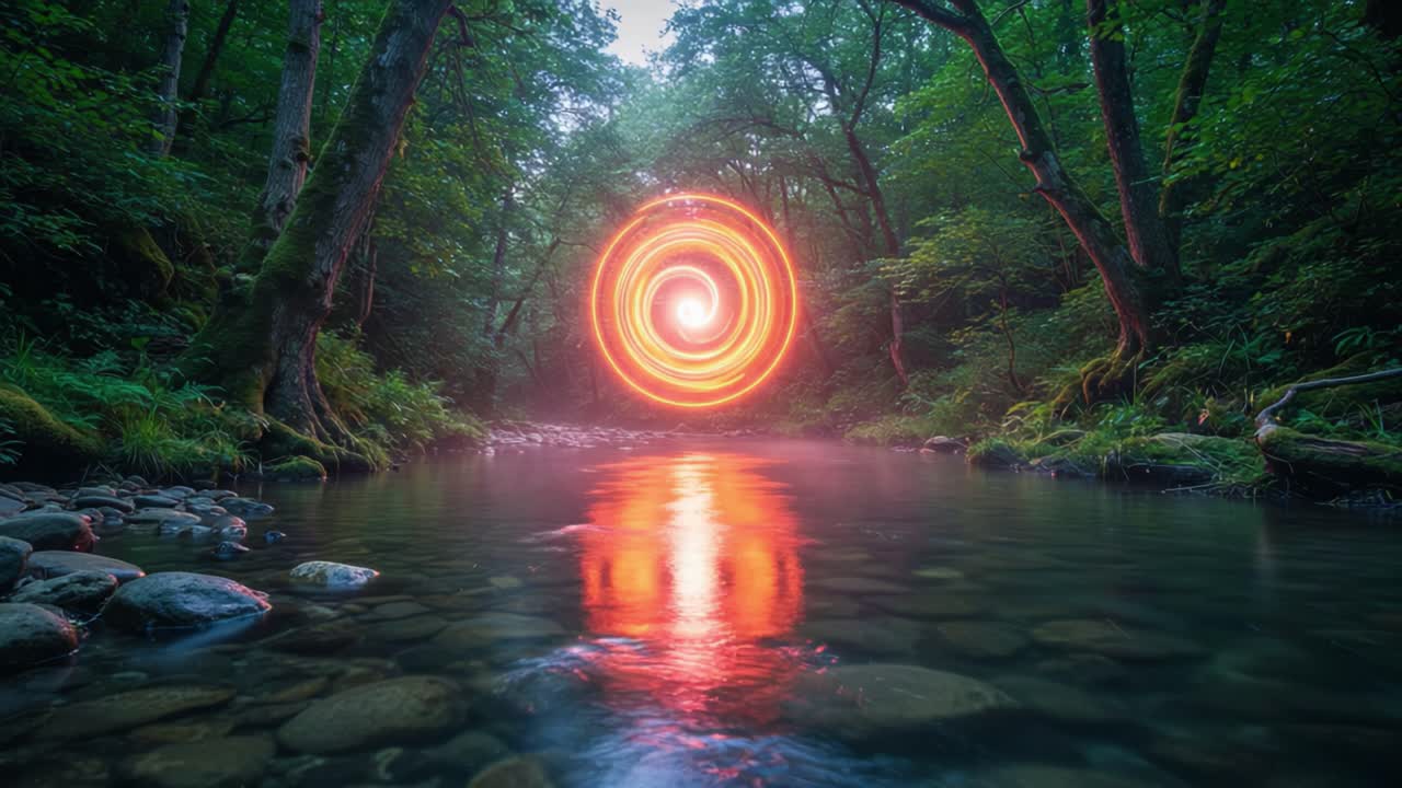A Captivating Scene of a Circular Glow in a Tranquil Forest River, Reflecting Warm Orange Light Amidst Lush Greenery and Pebbled Shores, Invoking a Sense of Mystery and Serenity