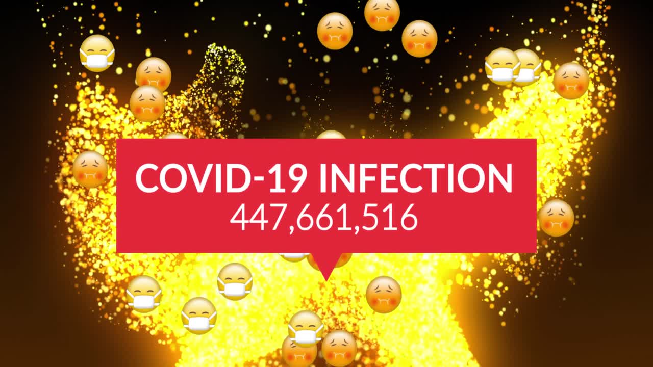 코로나 19 데이터 처리의 애니메이션은 얼굴 마스크와 함께 아픈 이모지 아이콘으로